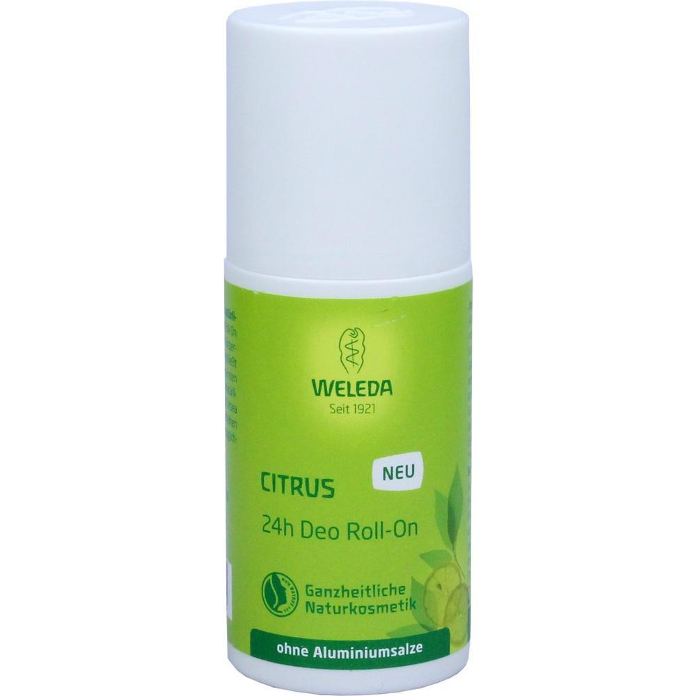 Eine grüne Roll-On-Deo-Flasche mit der Aufschrift "Citrus" von Weleda.